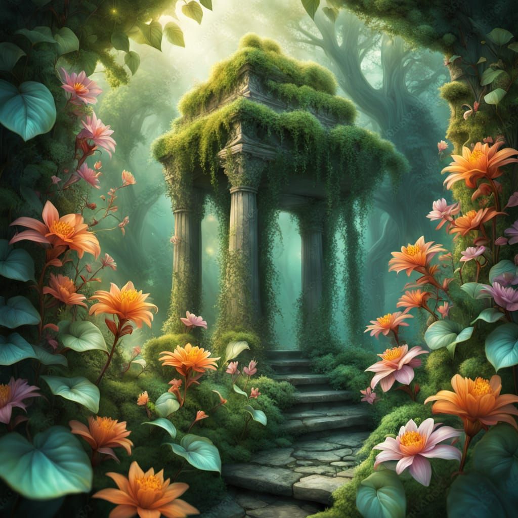 Enchanted Ruins with Glowing Emerald Ivy and Bioluminescent ...