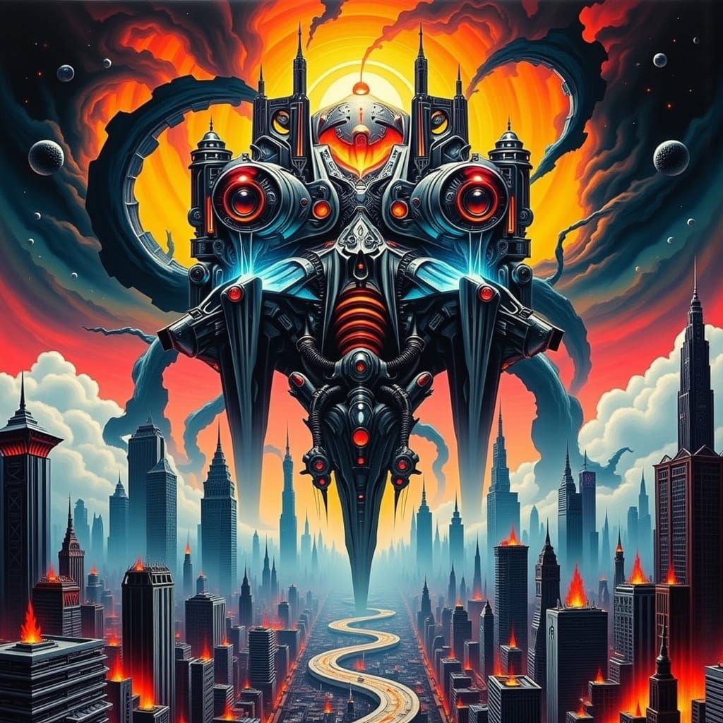 Art Deco Surreal Heavy Metal Futuristic Cityscape with Mecha...