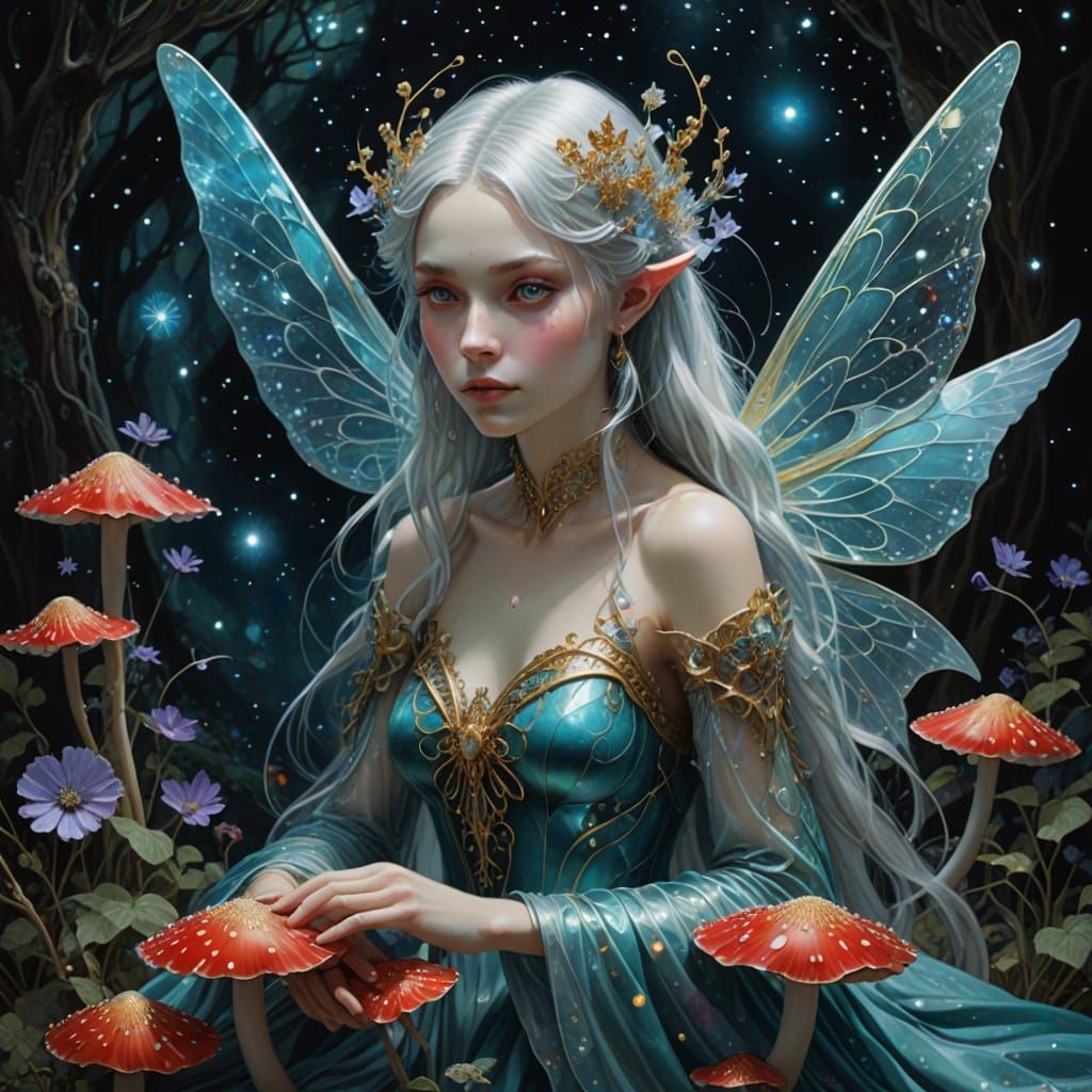 Ethereal Elven Maiden on Fractal Mushroom Amidst Whirling Fa...