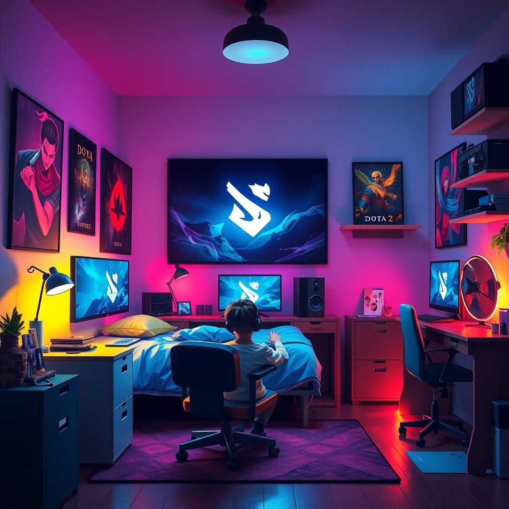 Boy's Gaming Room with Dota 2 Posters in Digital Art Style