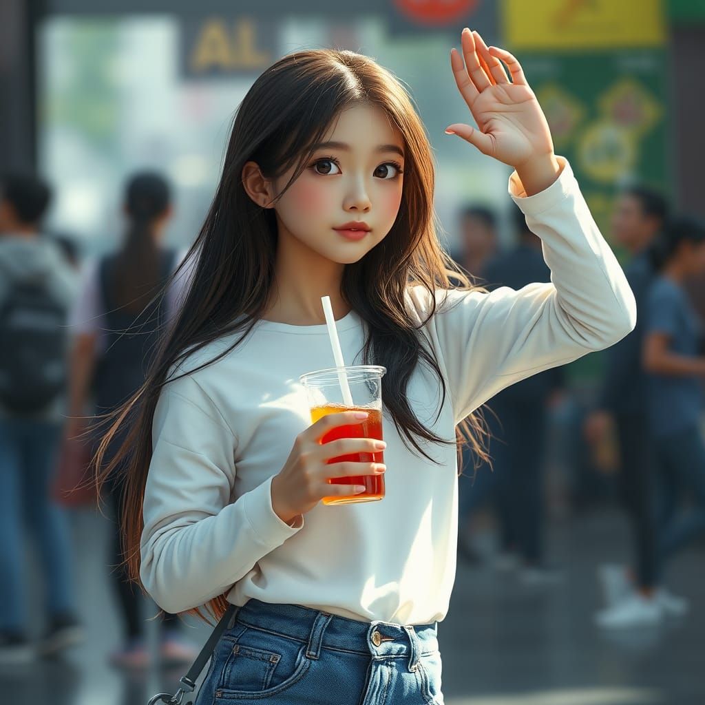 Young Asian Girl with Drink, Fantasy Concept Art