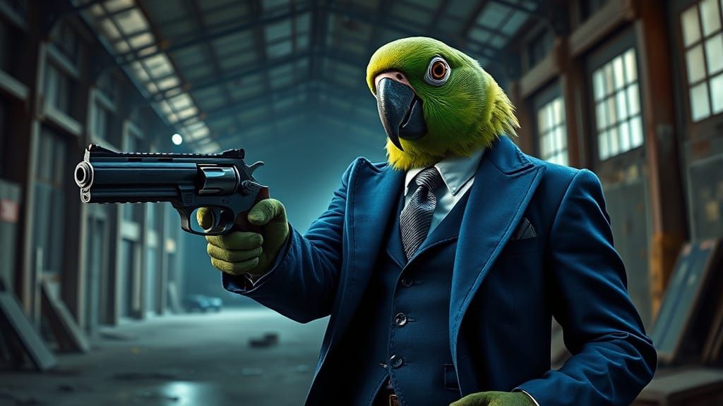 Sinister Parrot in Abandoned Warehouse at Night