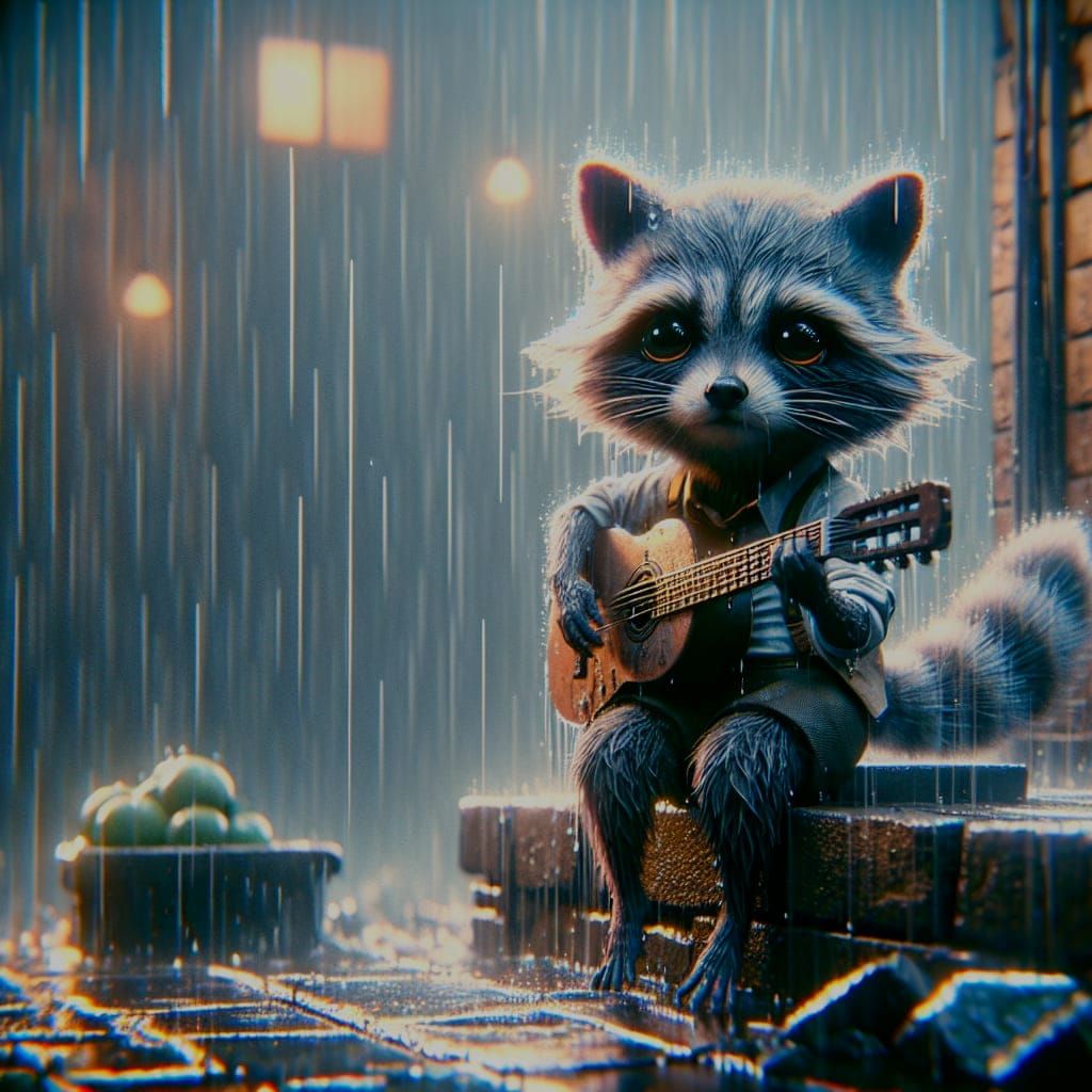 Raccoon Guitarist in Rainy 3D Digital Art