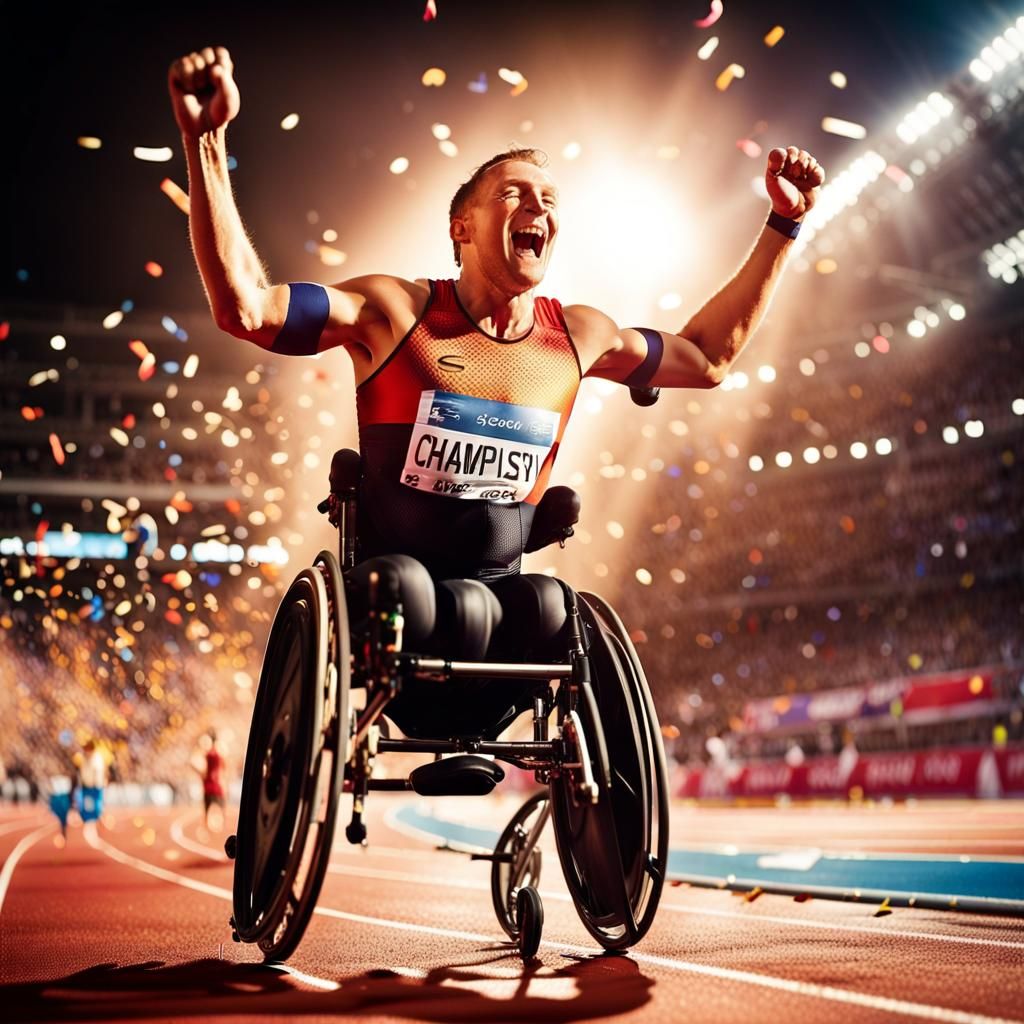 Triumphant Wheelchair Athlete Crossing Finish Line