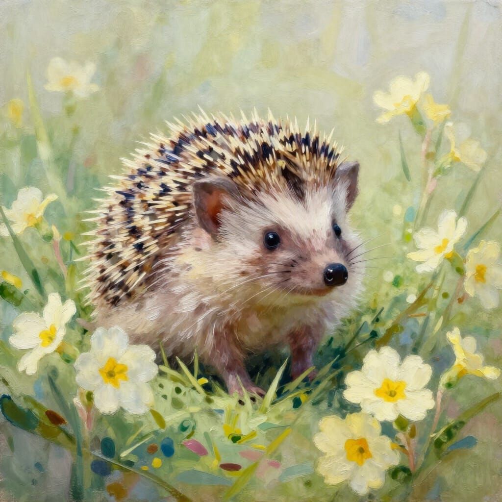 Hedgehog Among Primroses in Soft Morning Haze