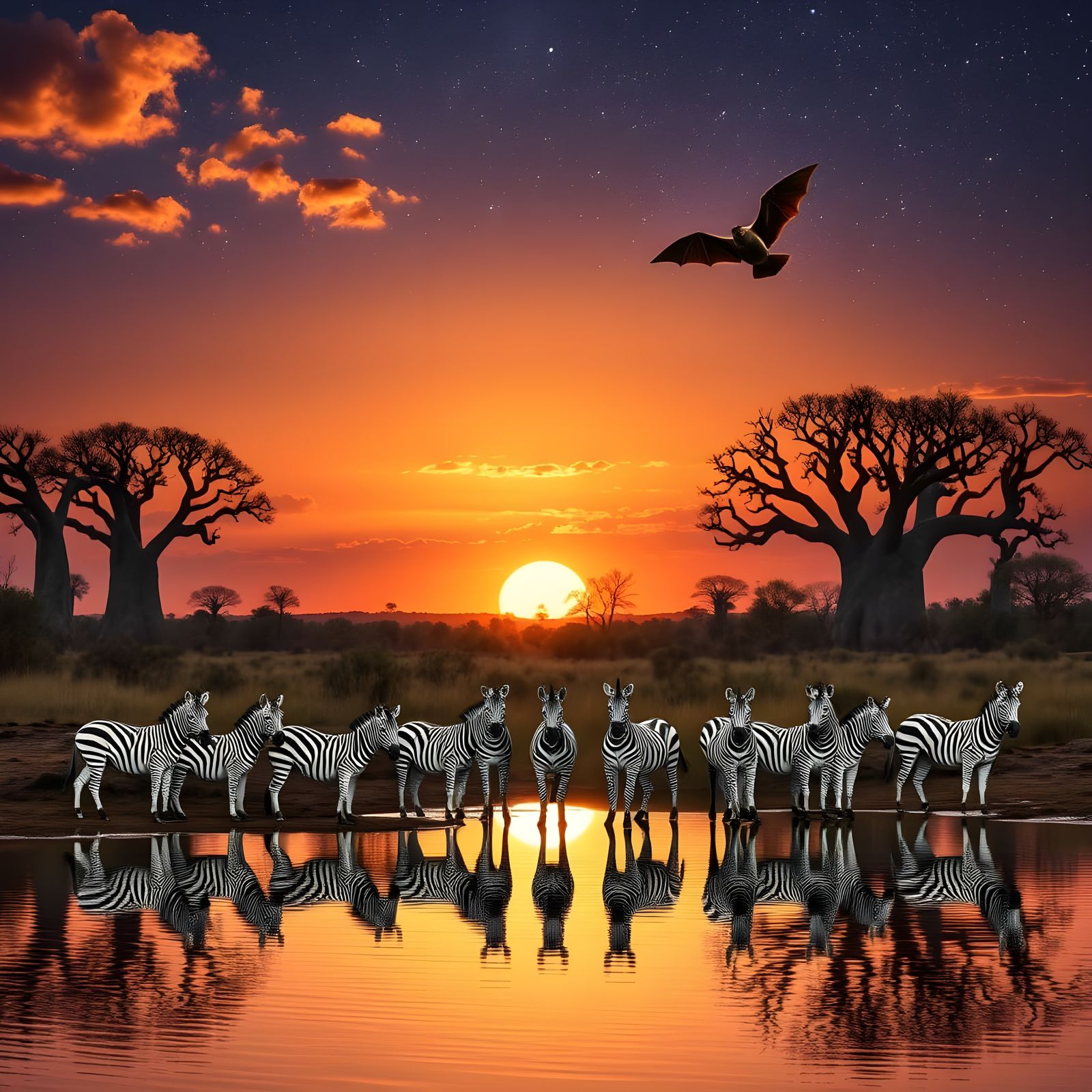 African Sunset Oasis with Grevy's Zebras