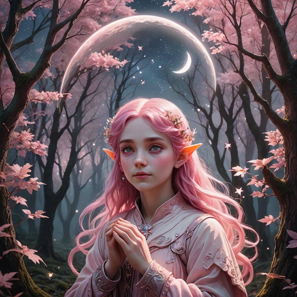 Pink-Haired Elf Holds the Moon in Dreamlike Forest
