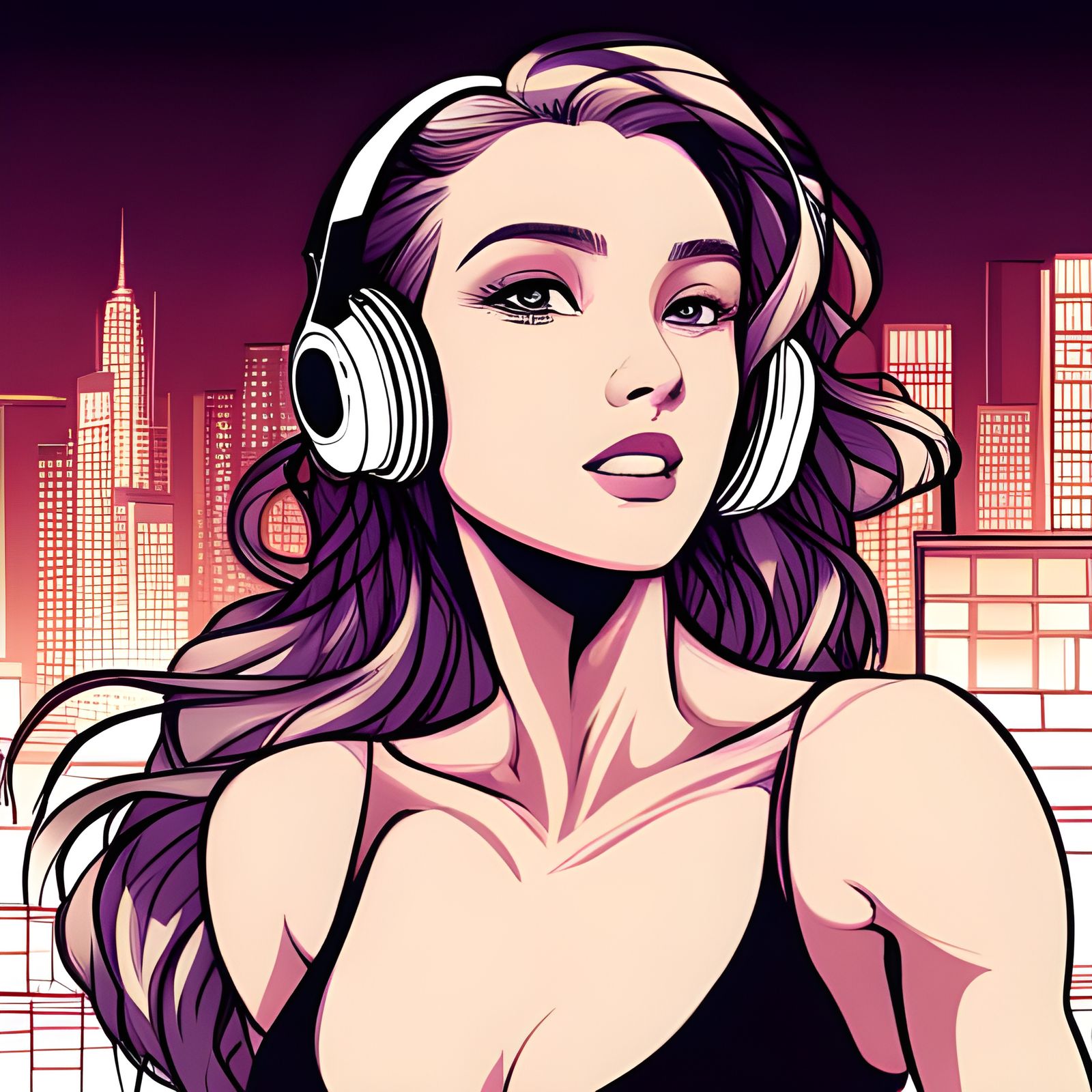 Anime Line Art: Stunning Teen in Cityscape