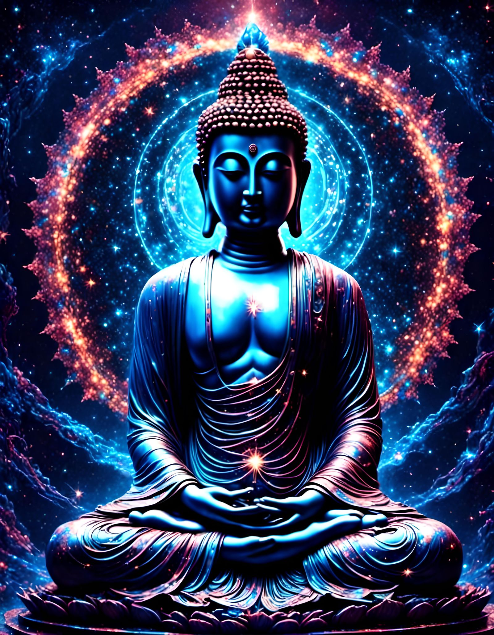 Akshobhya Buddha Statue in Cyberpunk Glitch Art Style