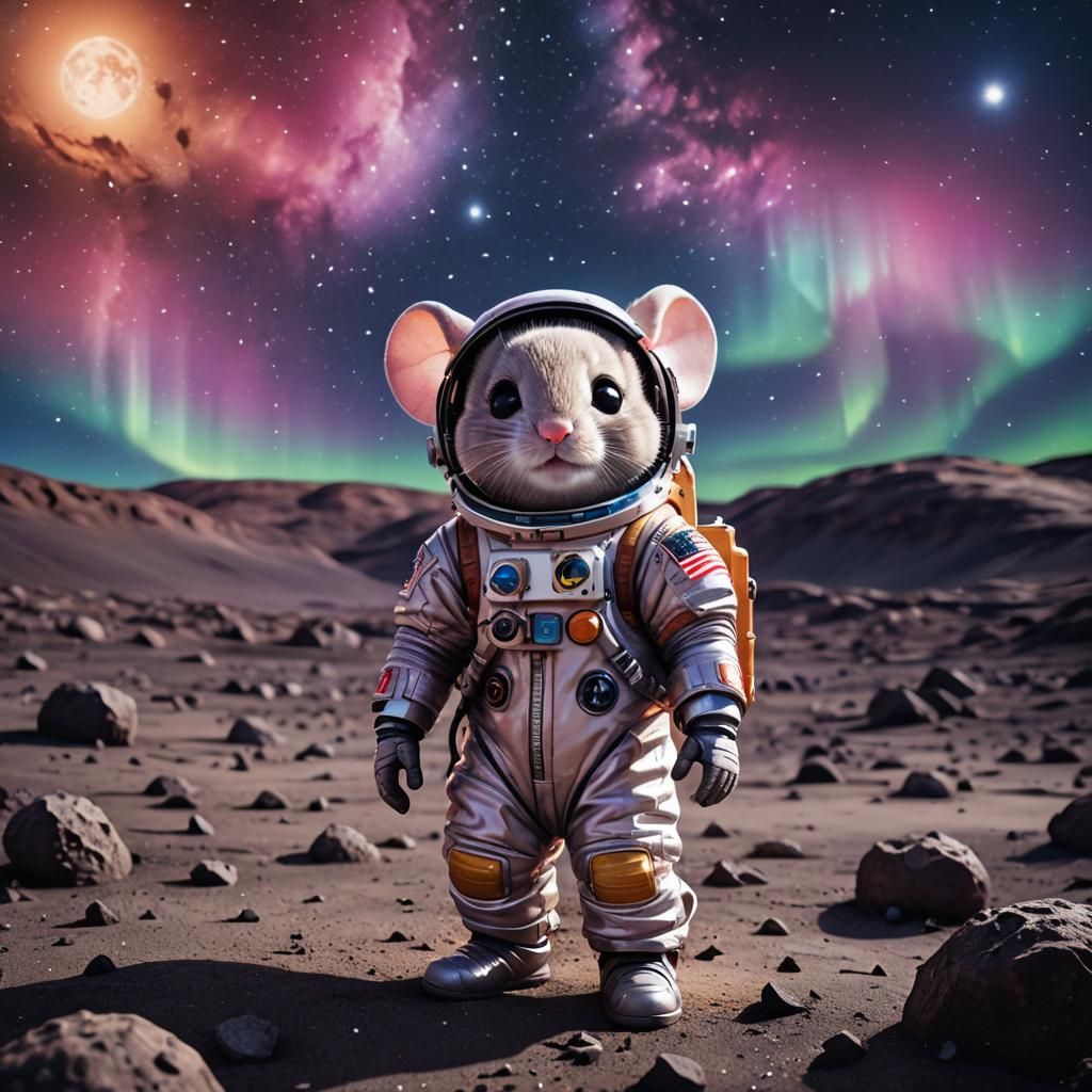 Chibi Mouse on Moon in Hyper-Realistic Digital Painting