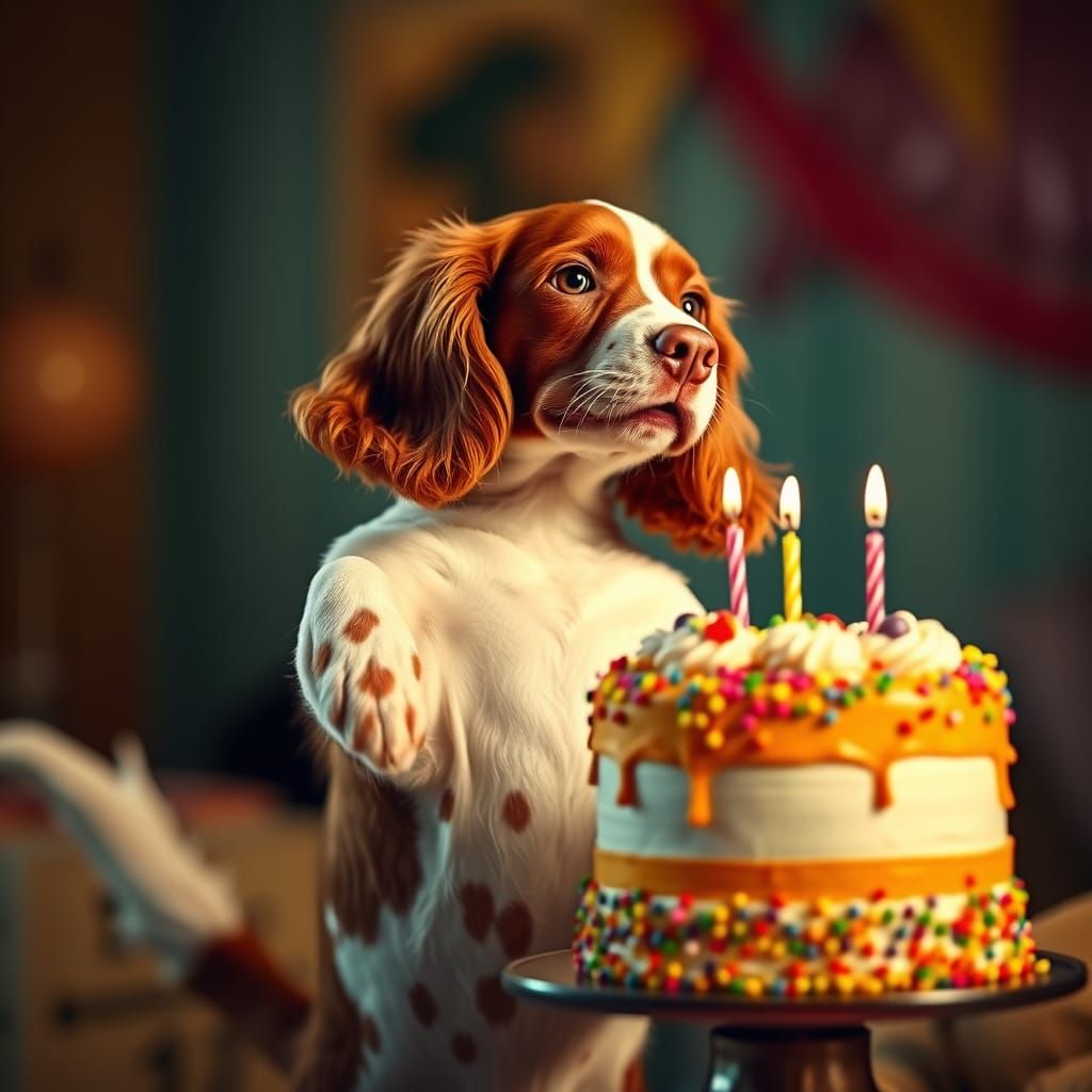Brittany Spaniel Presents Birthday Cake in Vibrant Cinematic...