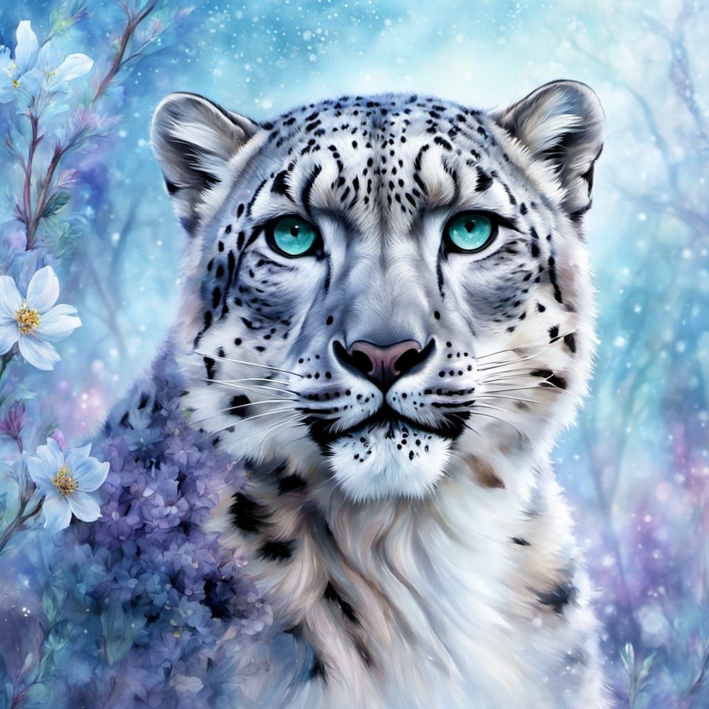 Snow Leopard Dryad in Dreamy Watercolor Style