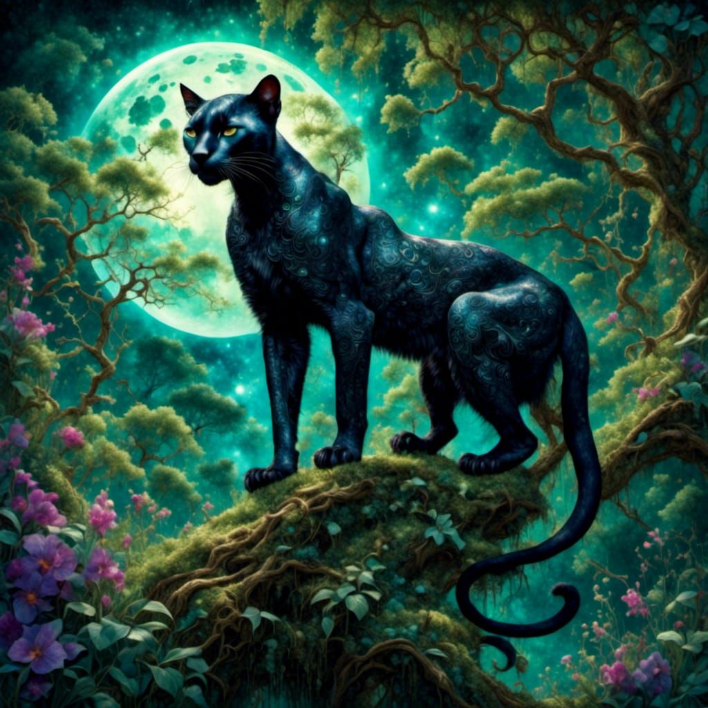 Intimidating Panther in Surreal Gouache Watercolor Landscape