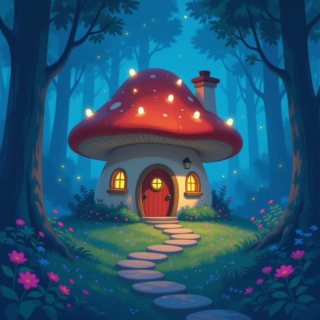 Enchanting Mushroom House in Bioluminescent Forest