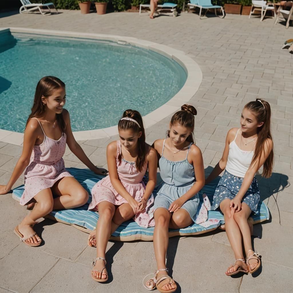 Girl Relaxing Poolside with Sisters: Cinematic Film Still
