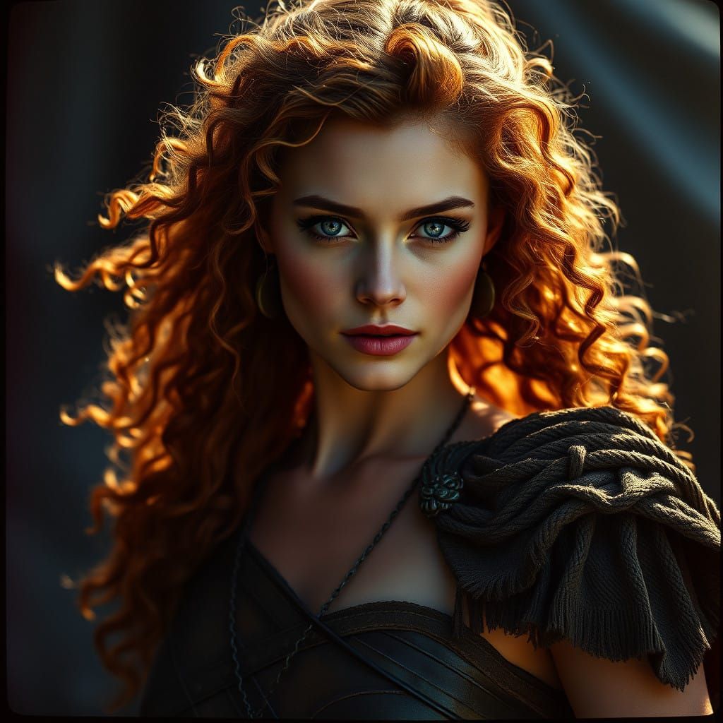 Ethereal Warrior Maiden with Radiant Auburn Hair and Piercin...