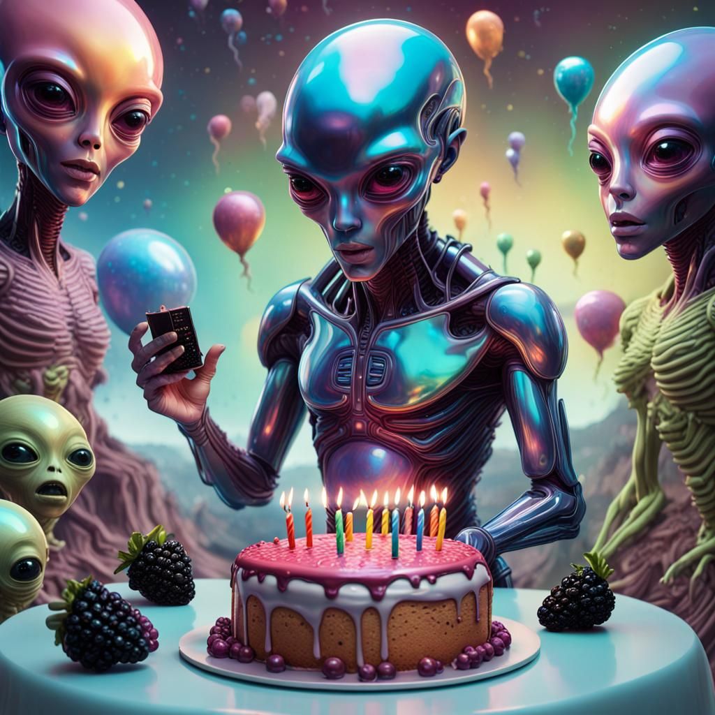 Humanoid Birthday with Holographic Aliens in 3D Landscape