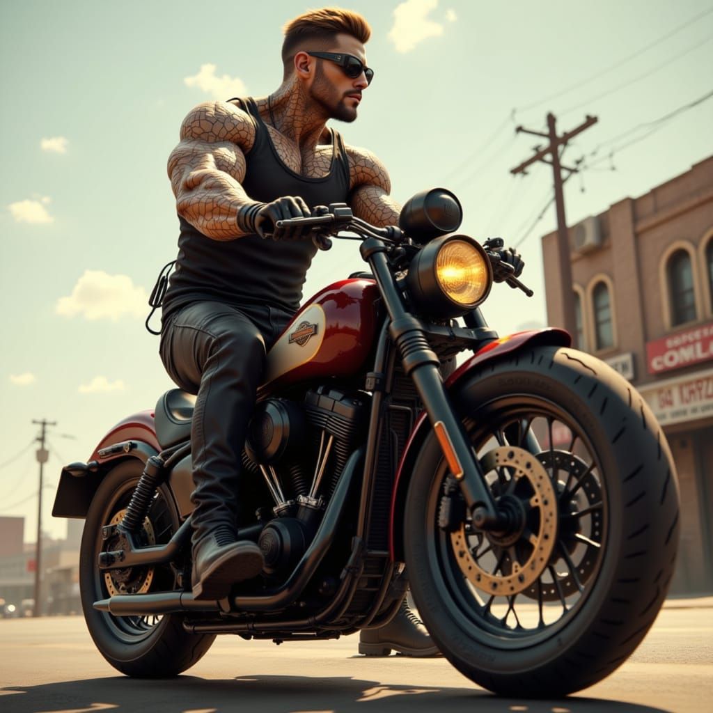 Golem Rider on Harley Through Deserted Reno Streets