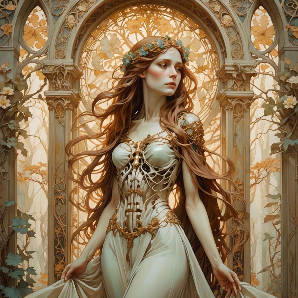Art Nouveau Emaciated Woman in Mystical Forest