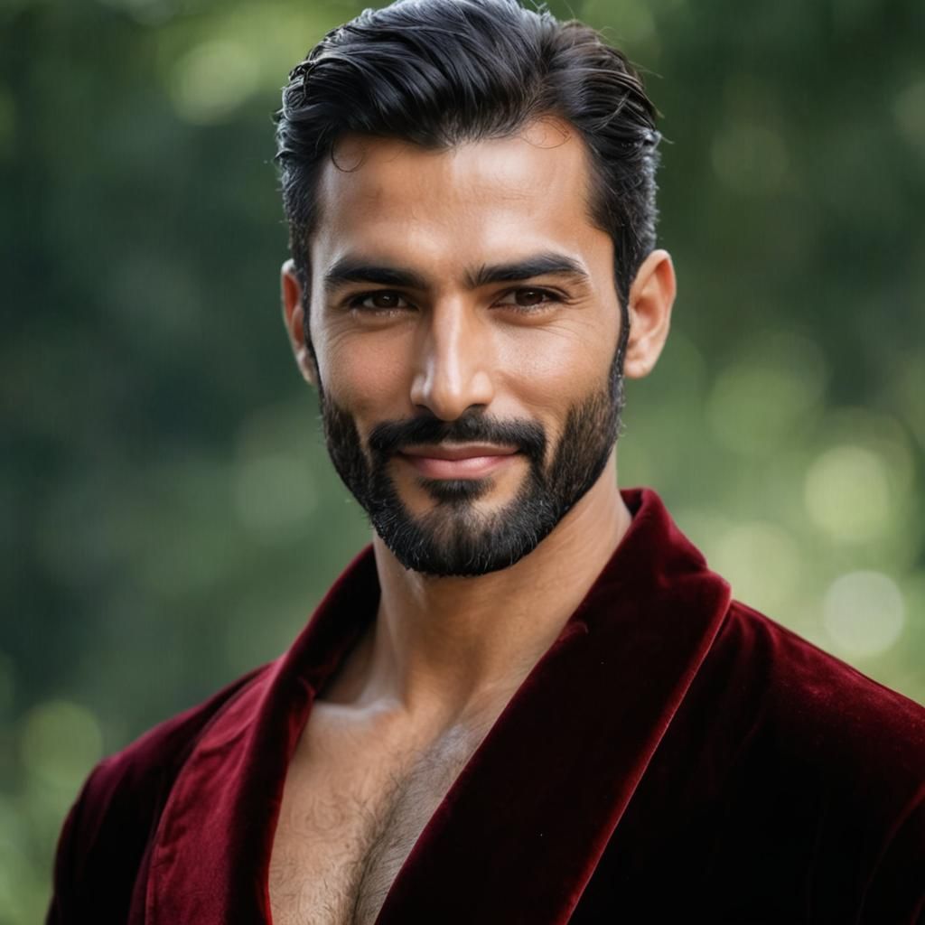 Smiling Man with Beard in Velvet Robe Portrait