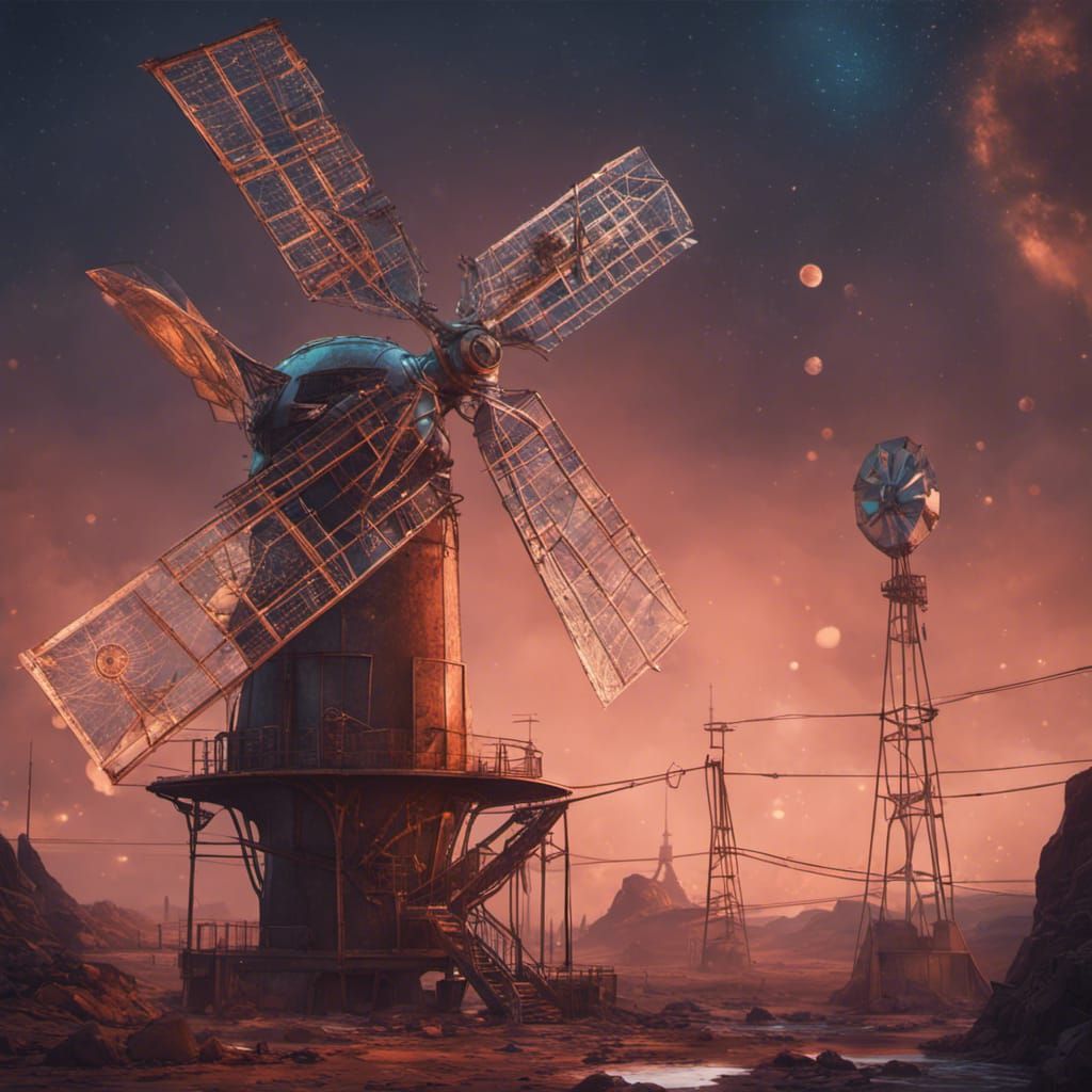 Steampunk Windmill on Mars in Gritty Metallic Style