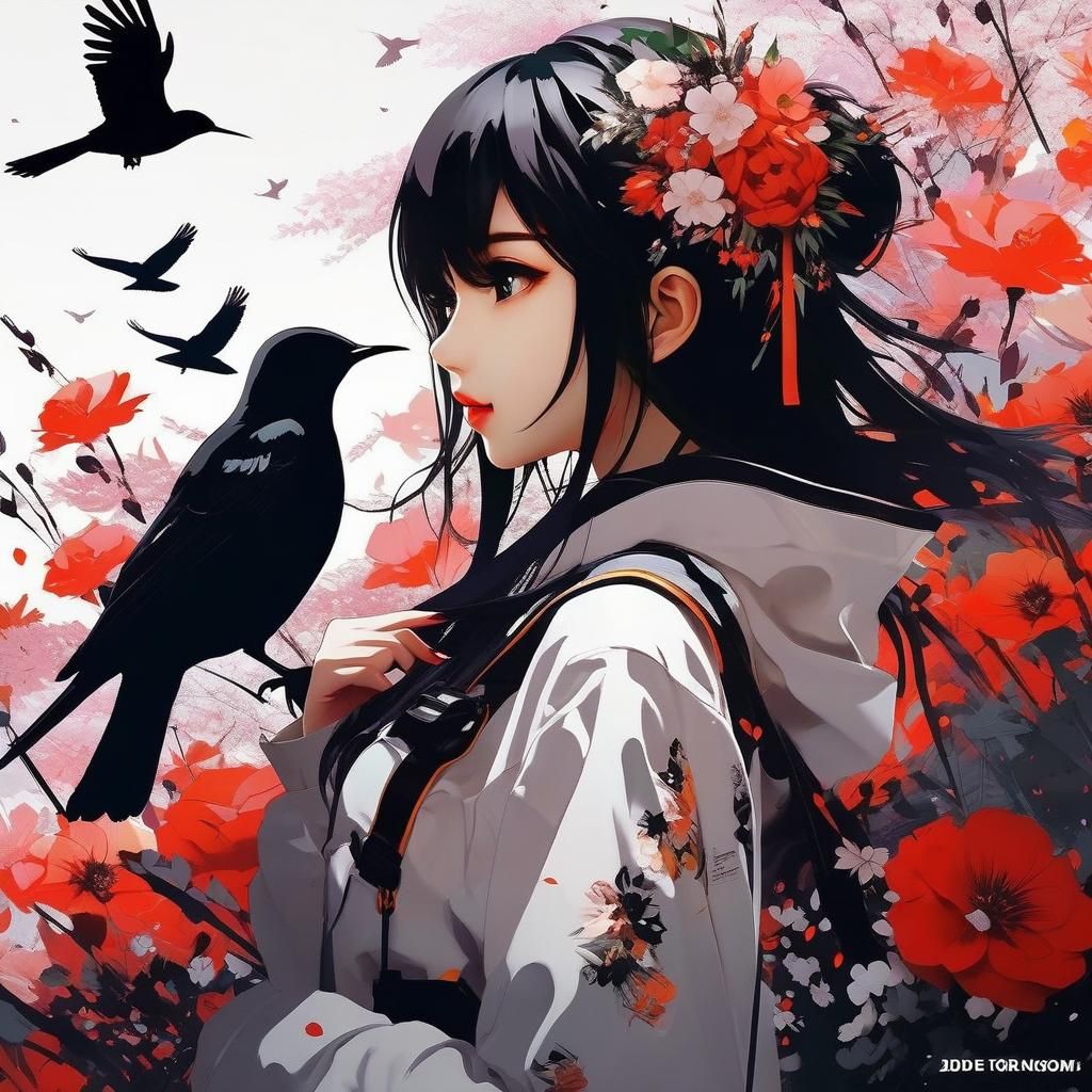 Anime Girl Silhouette with Floral Birds: Speedpaint Art
