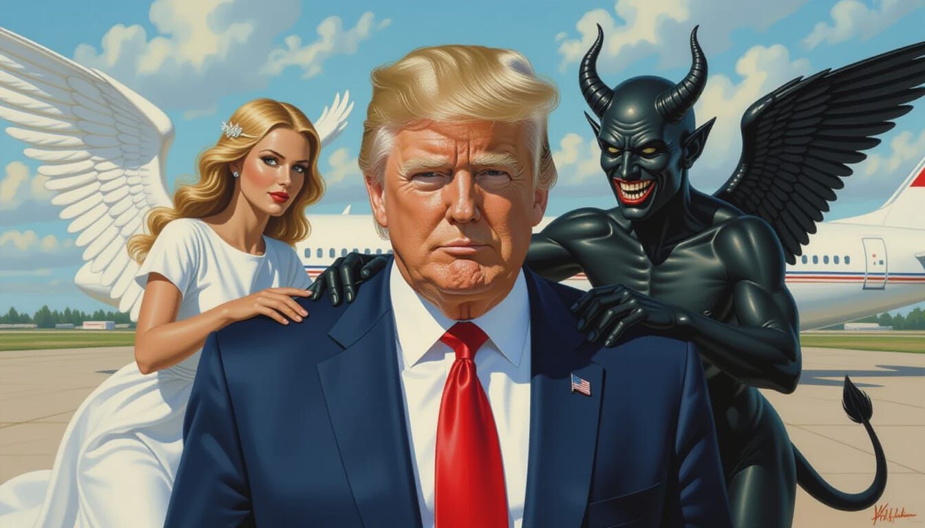 Trump's Dilemma: Angel and Devil in Oil Painting