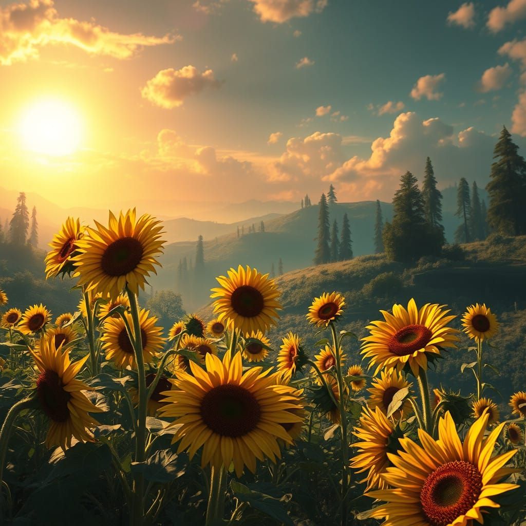Surreal Sunflower Fields in Golden Light