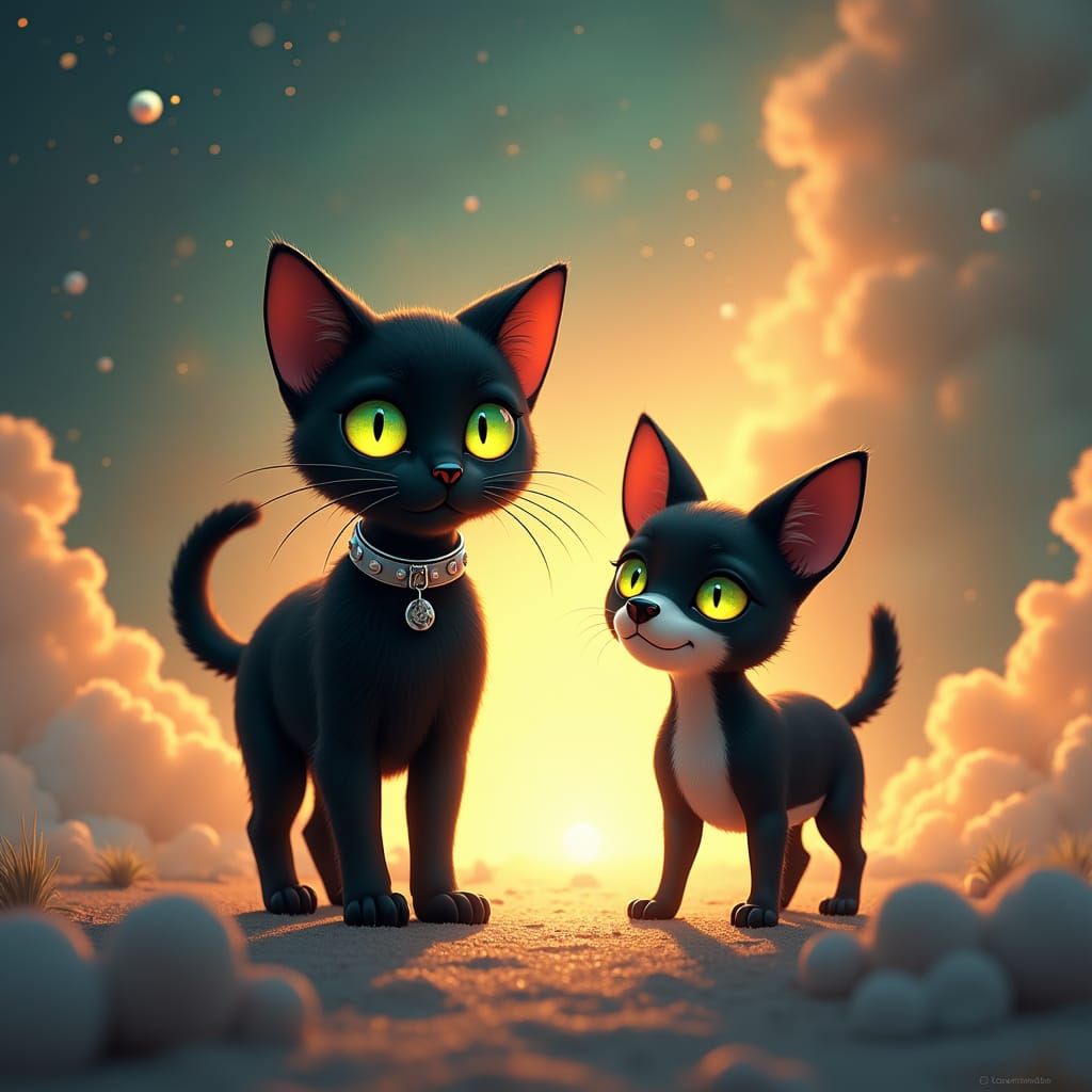 Neon Cat and Chihuahua in Infinite White Space