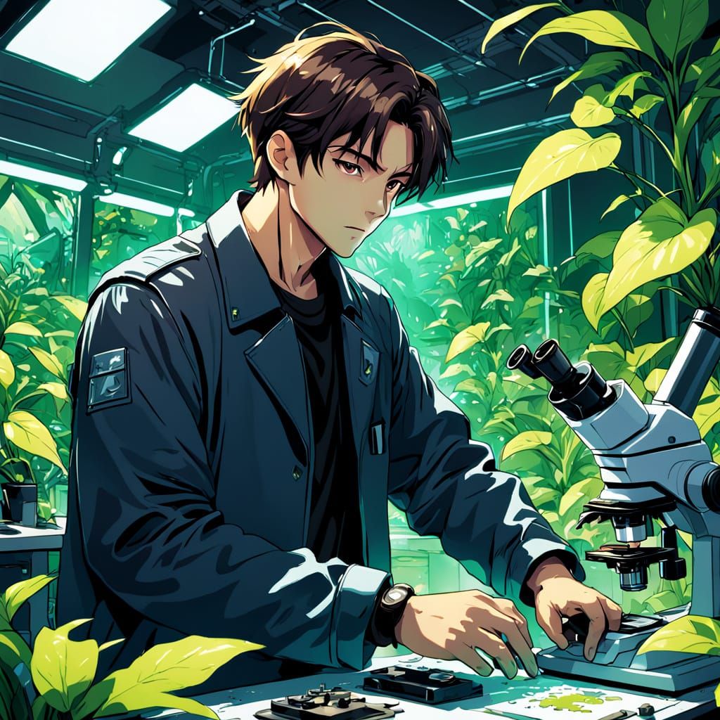 Manga-Inspired Lab Scene with Scientist Examining Rare Speci...