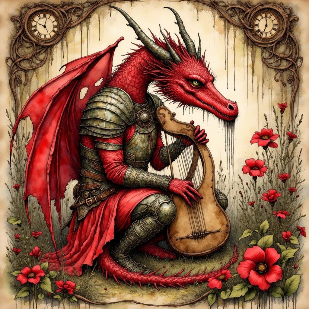 Mystical Celtic Dragon Plays Irish Harp in Whimsical Dreamli...