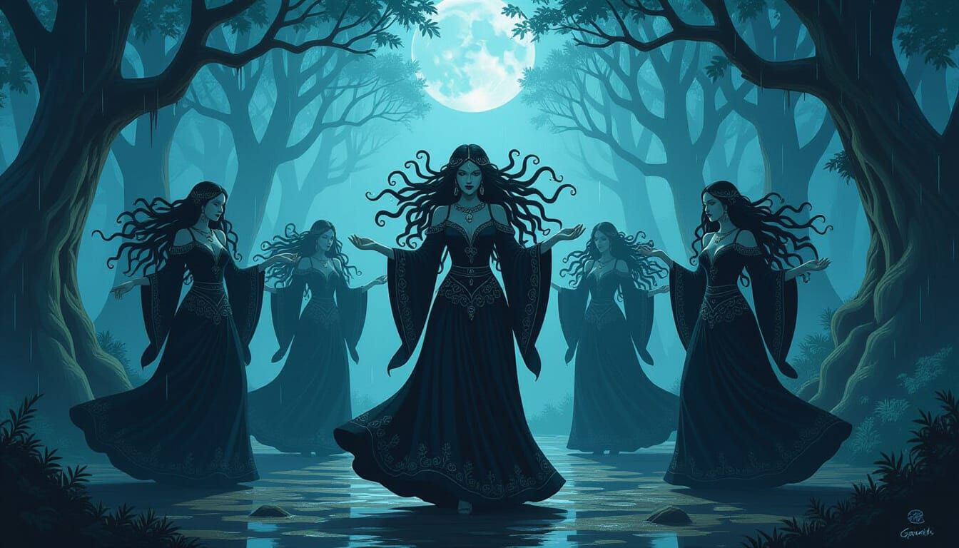 Gorgon Sisters Dance in Moonlit Forest