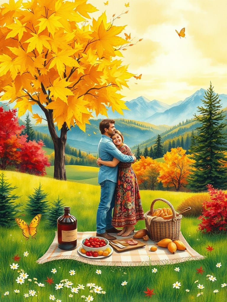 Vibrant Autumnal Landscape with Happy Couple