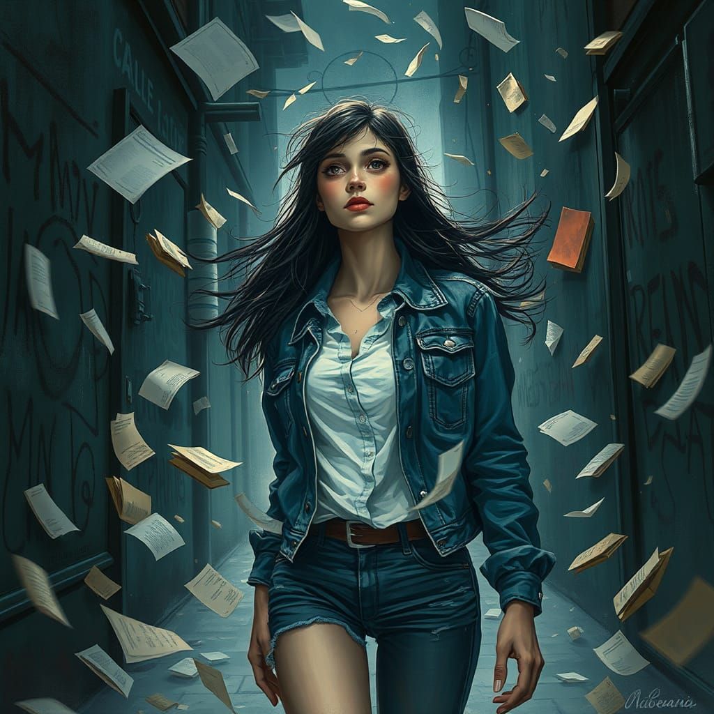 Woman Amidst Chaos in Urban Alleyway