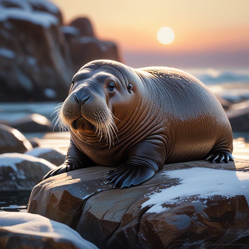 Baby Walrus Portrait with Ice Crystals, as Oil Painting