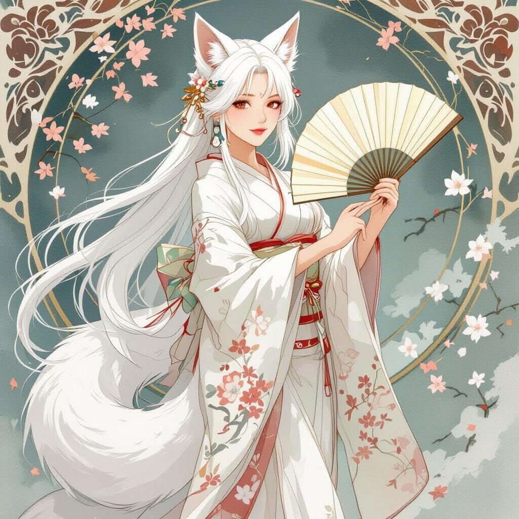 Elegant Fox Spirit Fan Dance, Watercolor Style