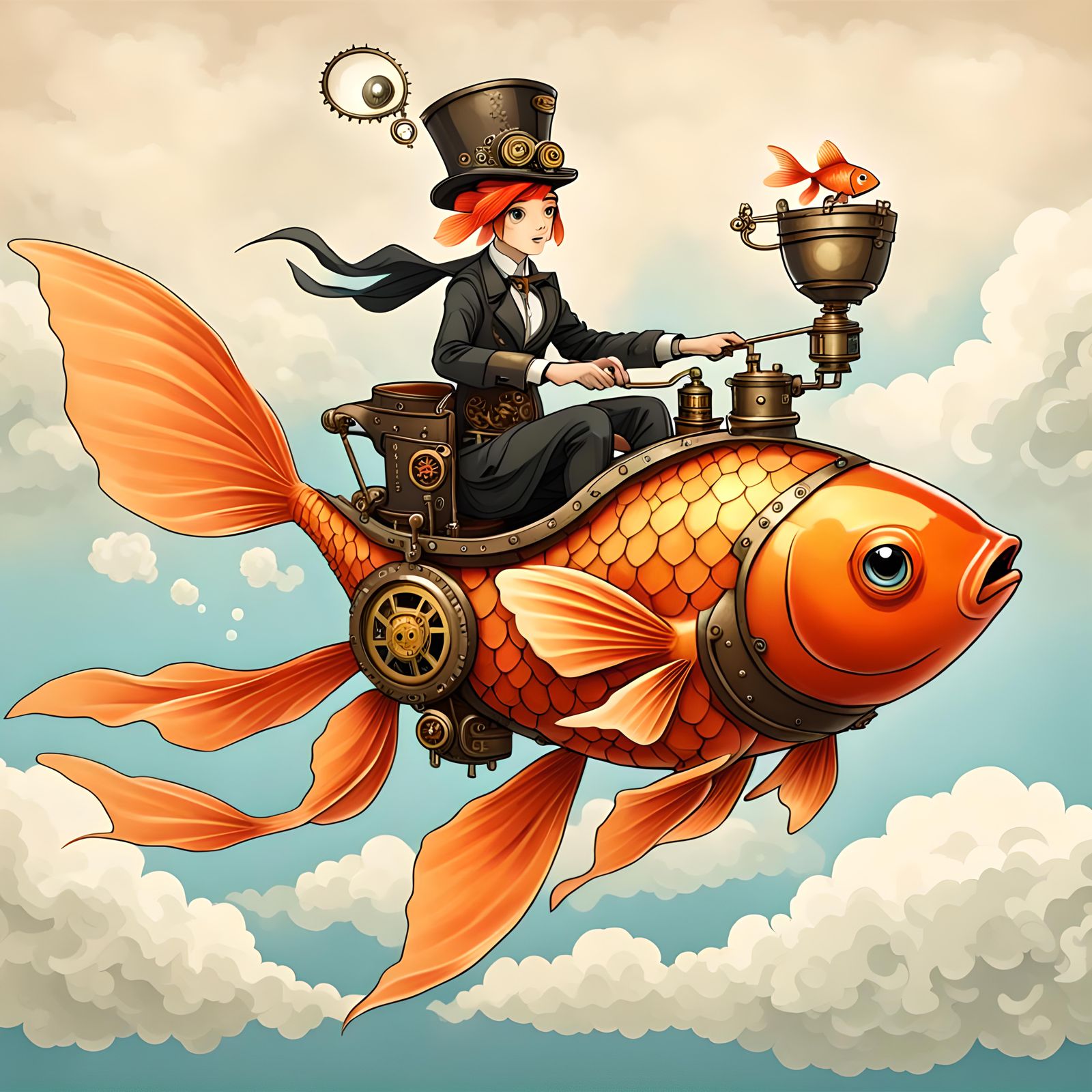 Steampunk Flying Goldfish with Rider
