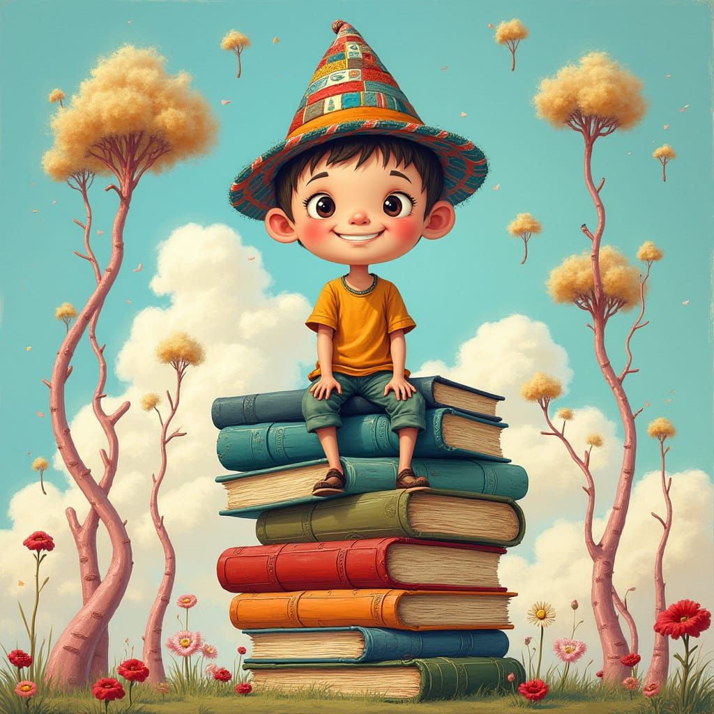 Whimsical Boy on Books in Surreal Landscape