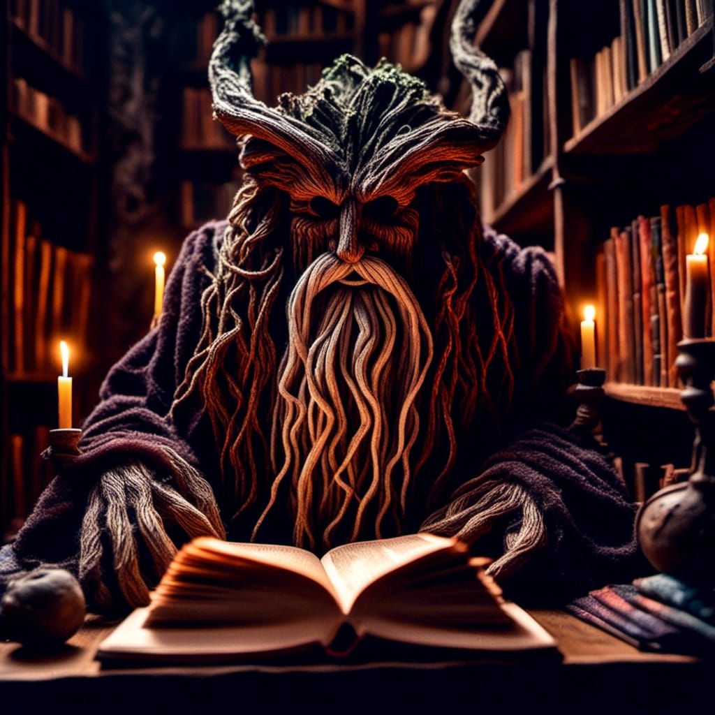 Wizard Portrait in Dimly Lit Library, Magic Realism