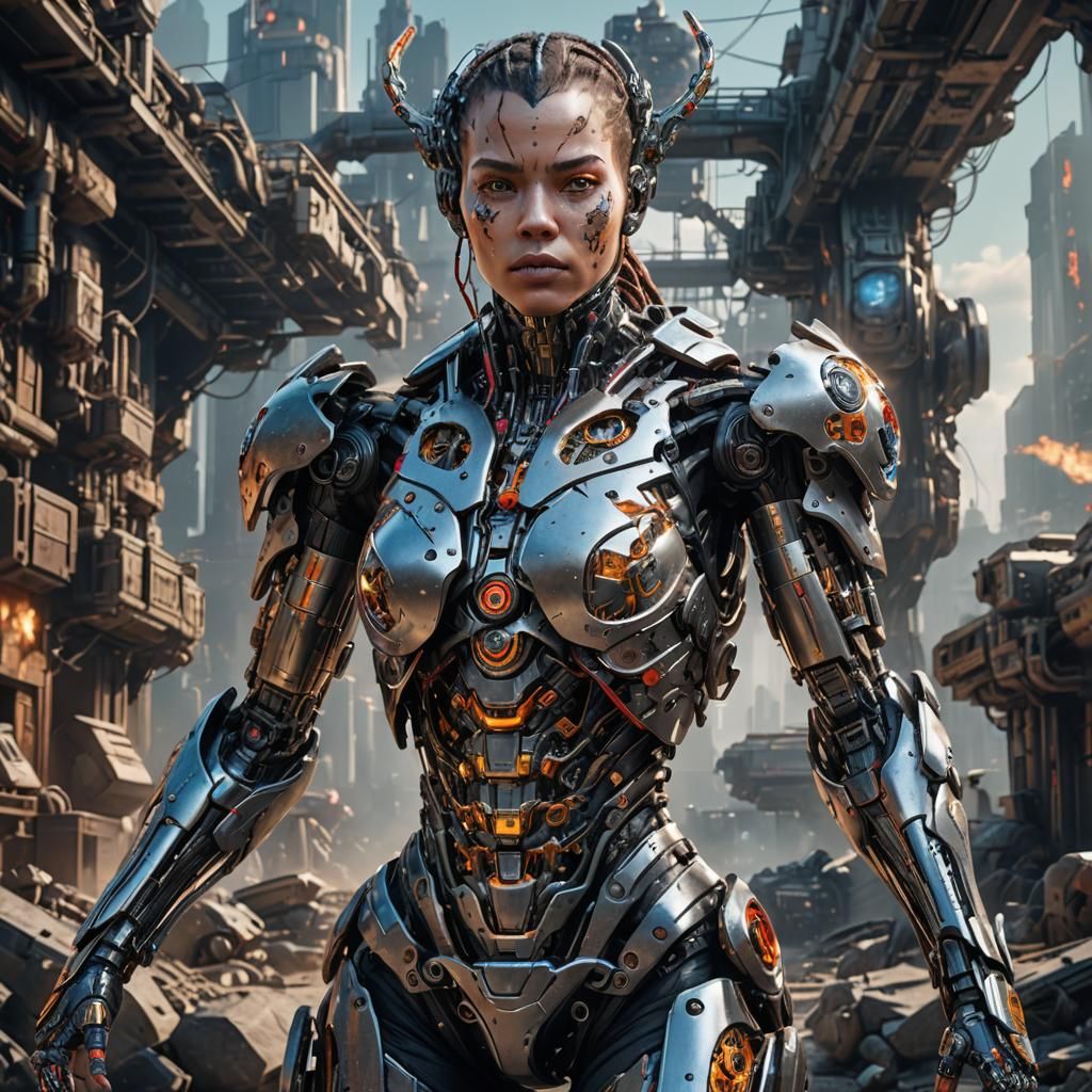 Intricate Cyborg Woman in Magical Landscape