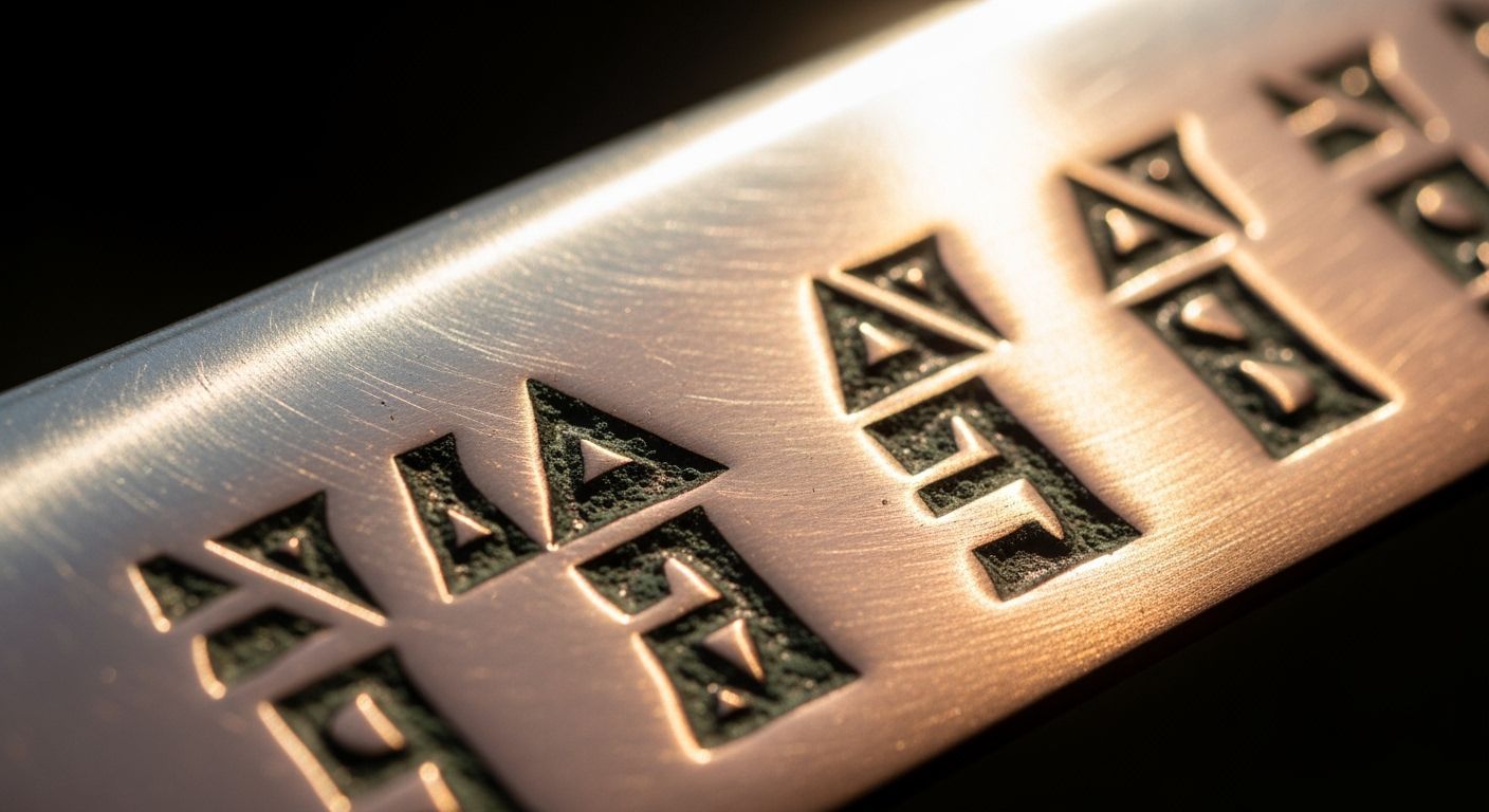 Macro Copper Broadsword Blade Displaying Cuneiform Character...