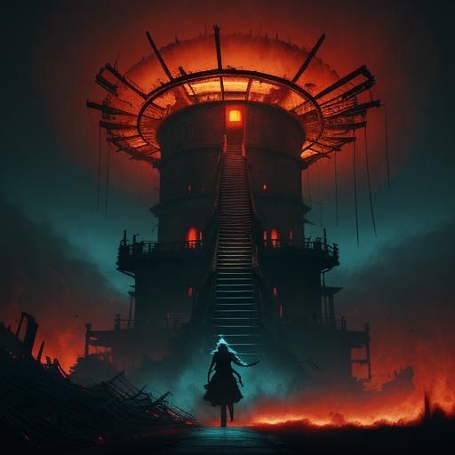 Girl Escaping Hellish Shadow in Dystopian Landscape