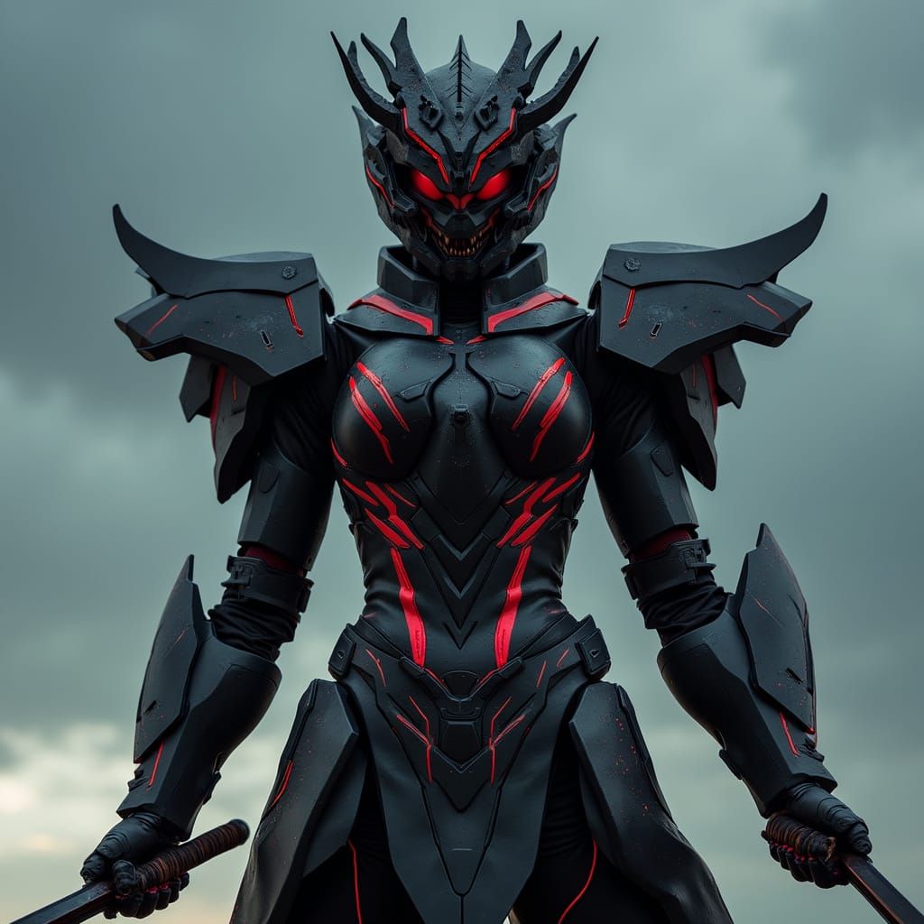 SciFi Mecha Samurai with Dragon Helmet and Daggers