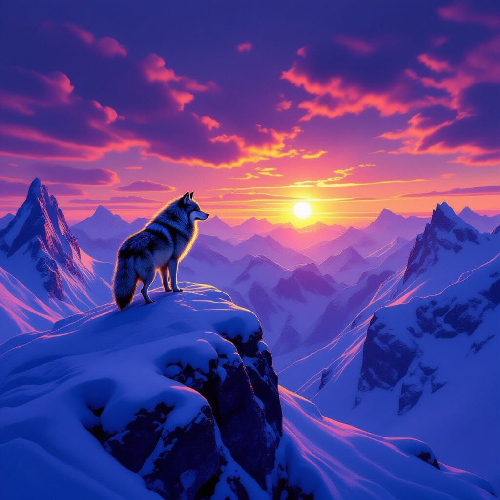 Wolf on Snowy Peak at Binary Sunset