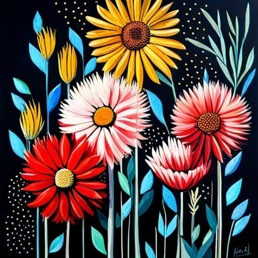 Mixed Media Flowers on Black Background