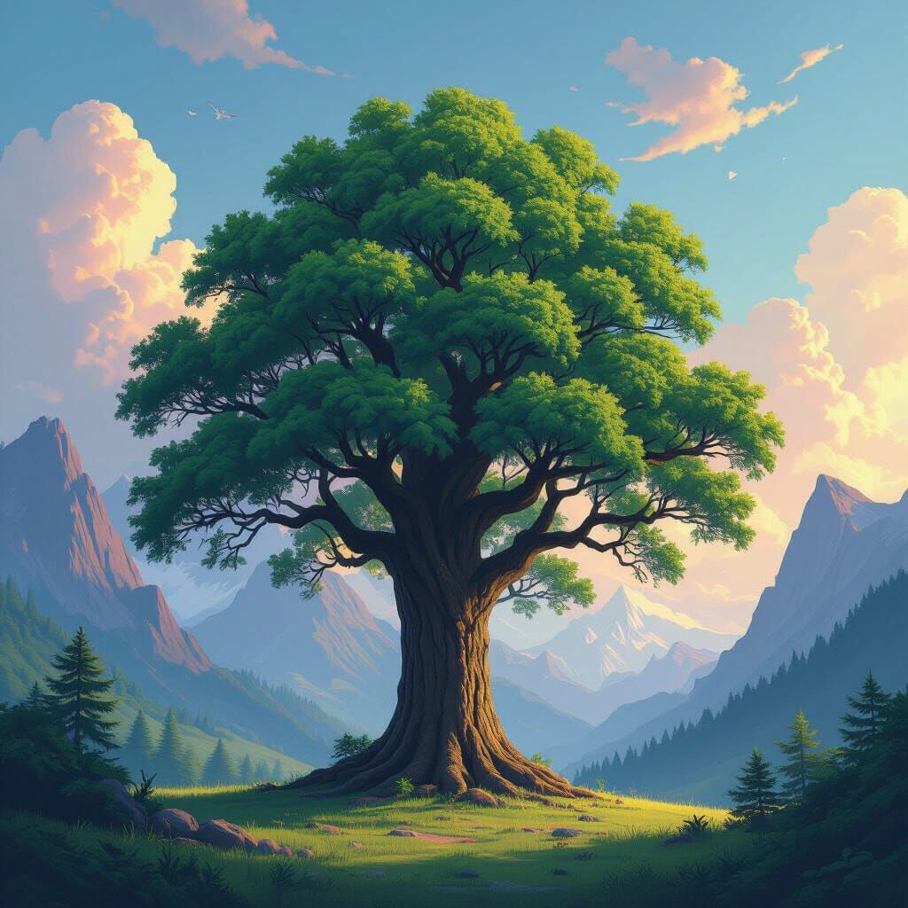 Majestic Tree and Mountain Dreamscape