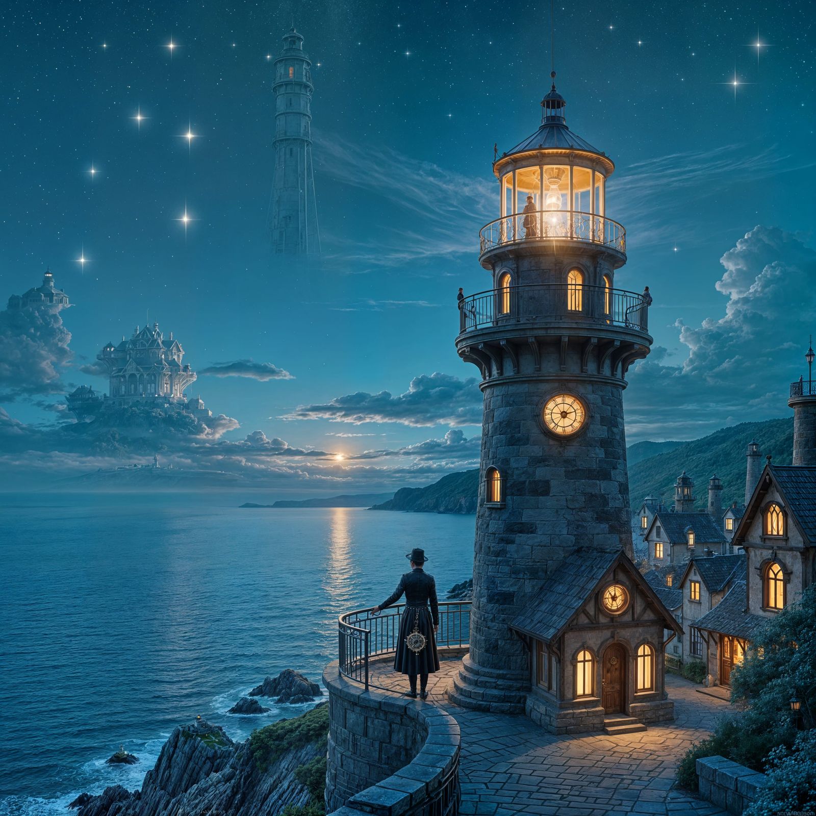 Steampunk Lighthouse Keeper Gazes at Starry Sea