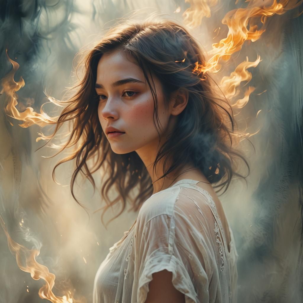 Ethereal Digital Art: Young Woman Lost in Thought