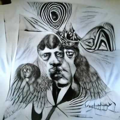 Surreal Charcoal Drawing of Angels and Solomon