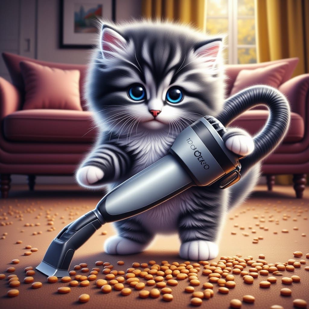 Kitten Vacuuming Messy Living Room in Hyperrealistic Style